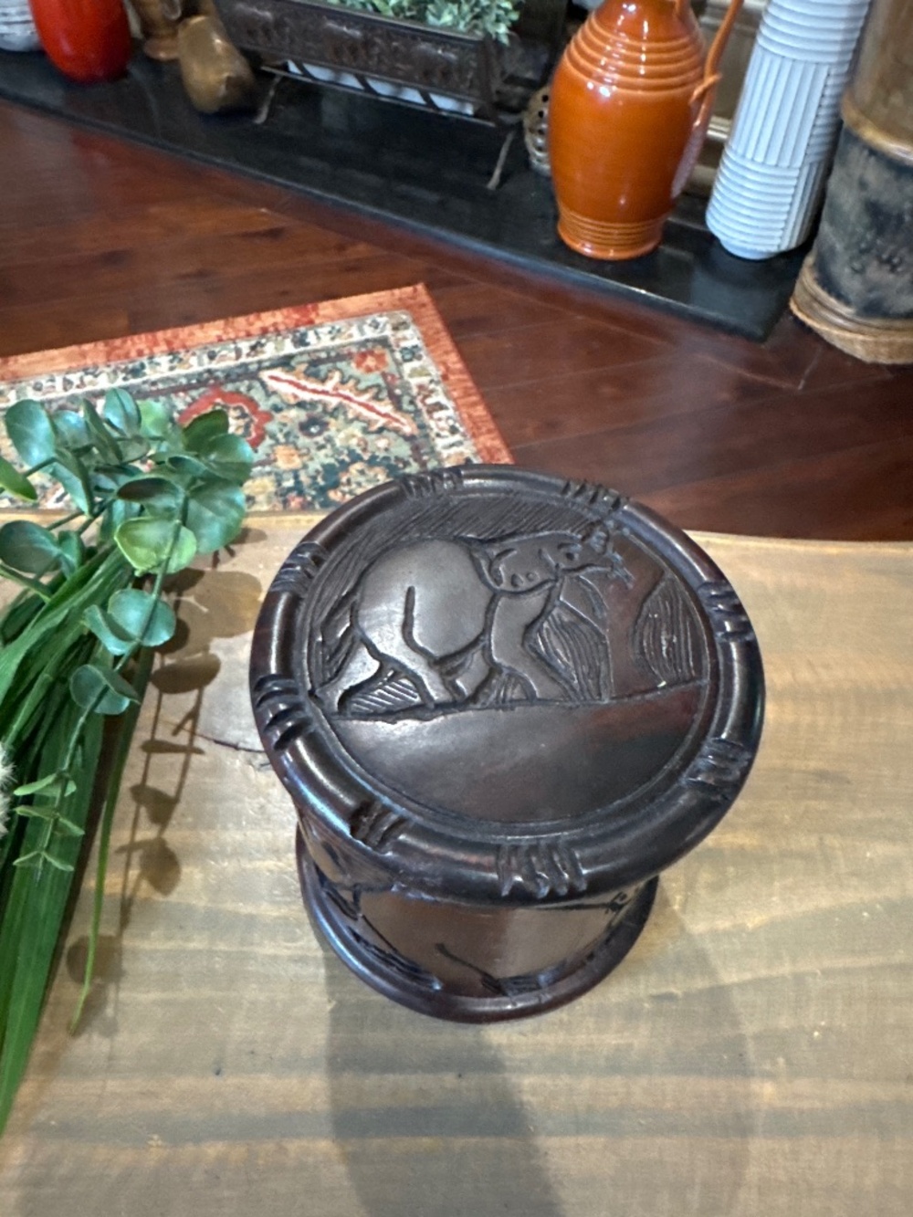 Africa Hand Carved Wooden Coaster Set. Carved Holder, Lid & 6 Coasters.